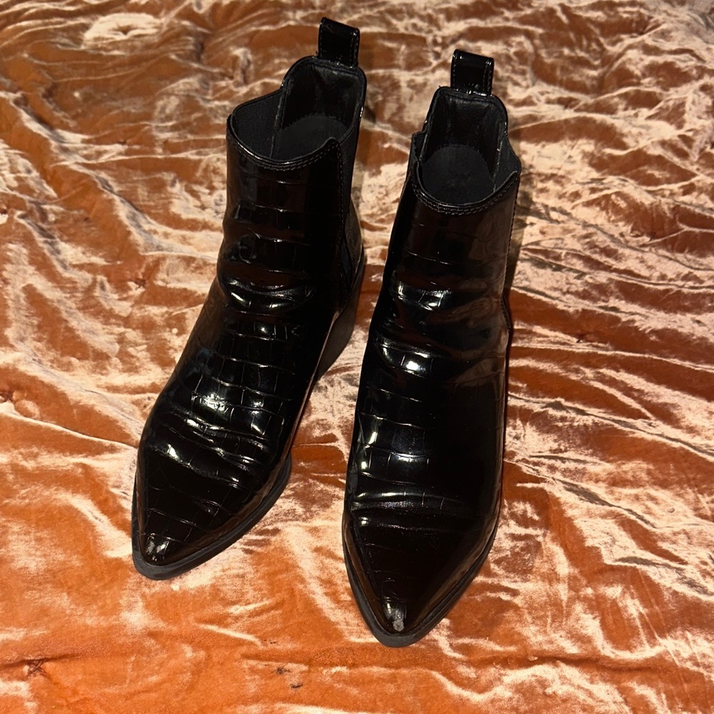 Women’s Steve Madden Glossy Black Croc Ankle Booties